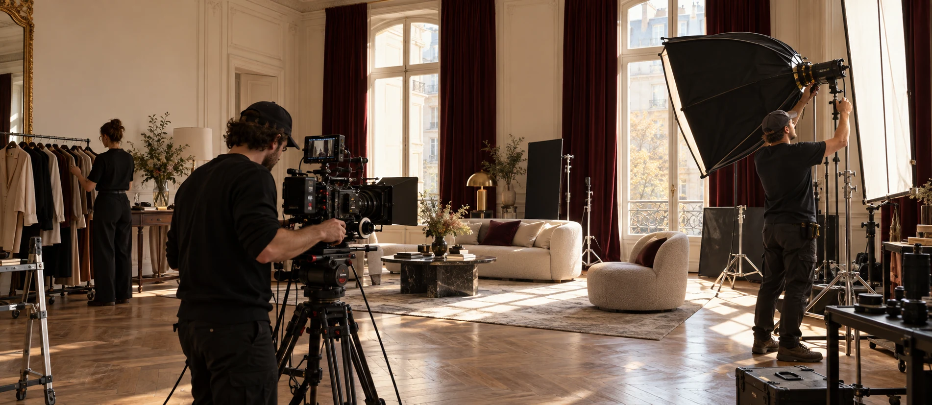 Kamera- und Lichtteam arbeiten am Set, während eine Assistentin Kleidung an der Stange vorbereitet